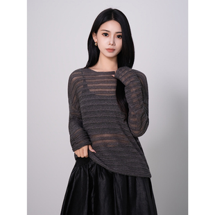 天丝亚麻针织罩衫 北欧传奇 夏圆领绞花镂空T恤女气质设计感长袖