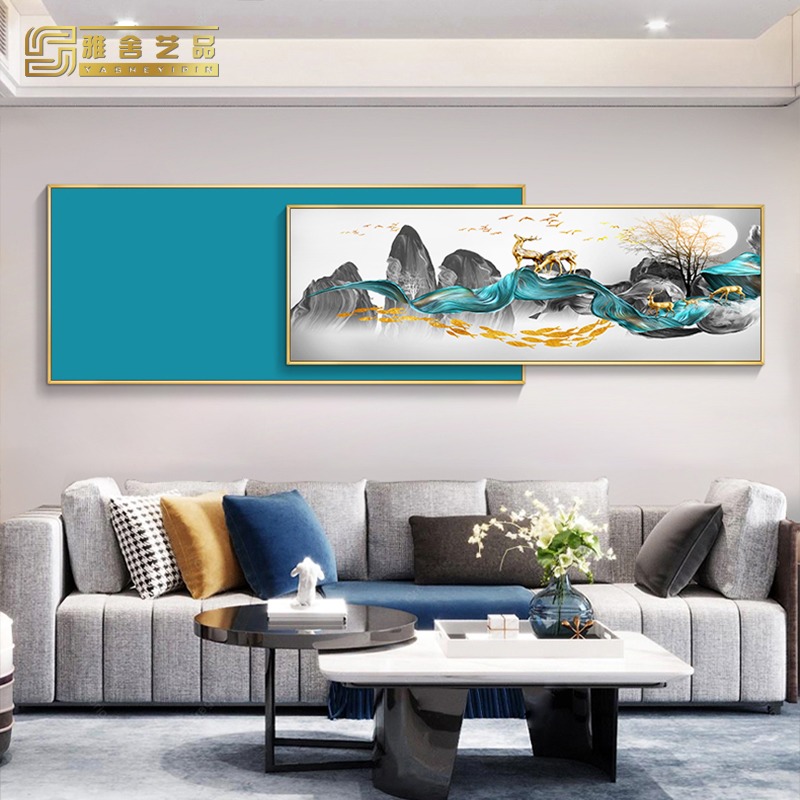 极速新中式客厅装饰画横幅麋鹿装饰壁F画沙发背景墙挂画叠加卧室图片