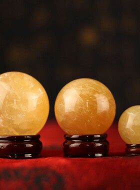 新品黄水晶球摆件天然客厅玄关圆球大小号L家居装饰品黄色店铺乔