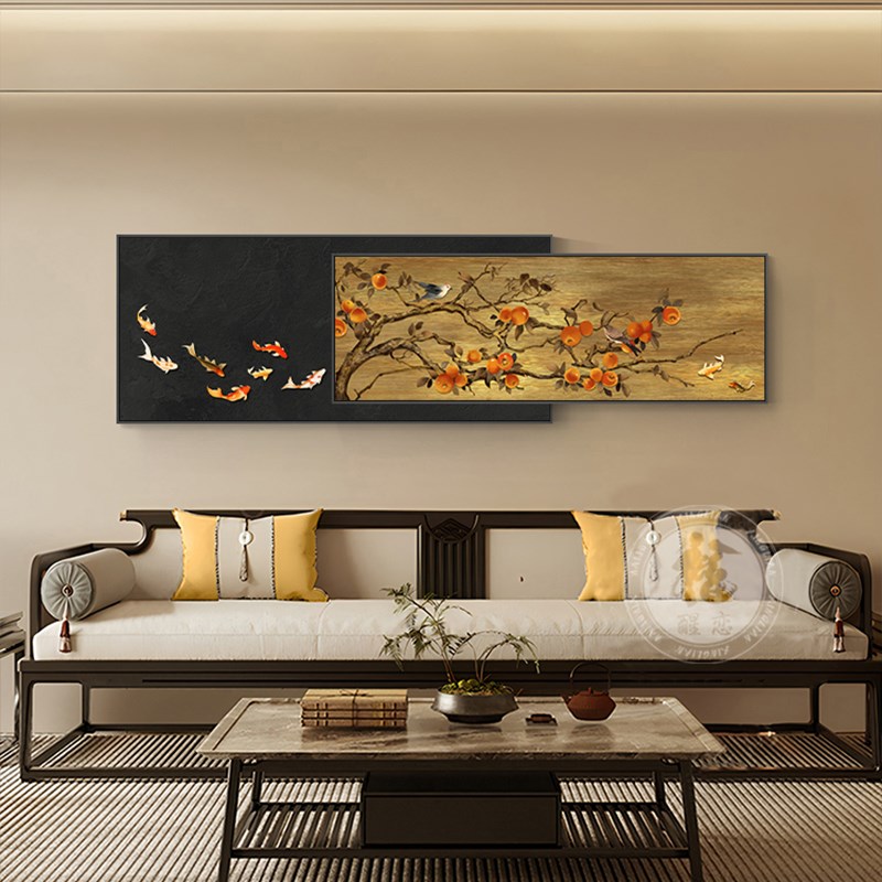 柿柿如意客厅装饰画中式复古沙发背景墙J挂画九鱼图高级感大气壁图片