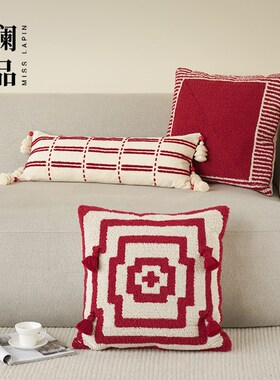 澜品福韵红色几何簇绒绣流苏抱枕客厅沙发靠垫高级Z腰枕靠枕套