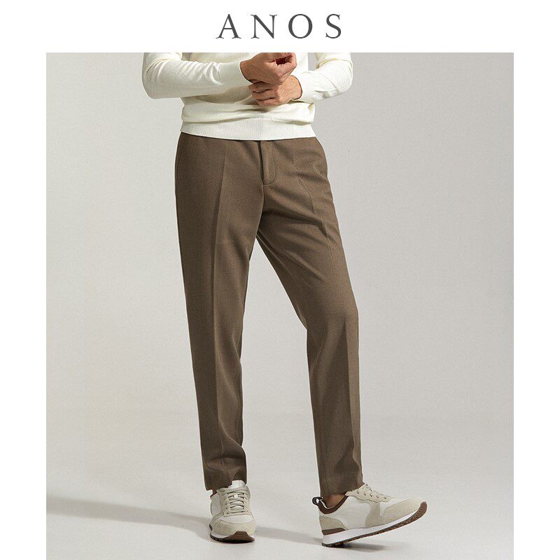 ANOS秋冬季人字纹毛呢西裤男士直筒修身厚款垂坠感休闲西装裤子