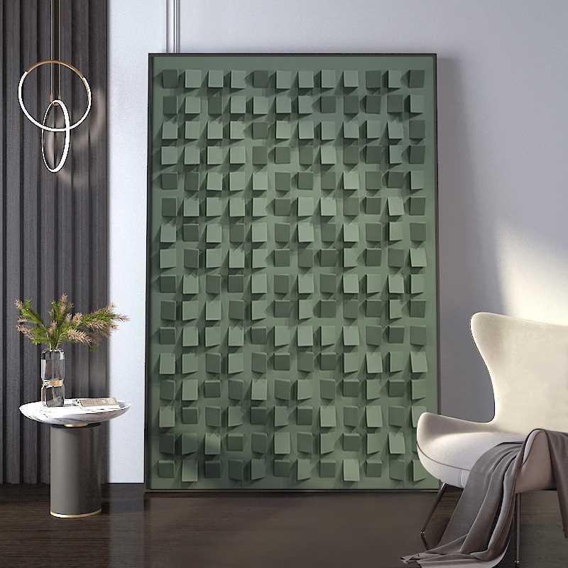 北欧绿色玄关装饰画方块格子餐厅壁画酒店L客房走廊挂画客厅落地图片