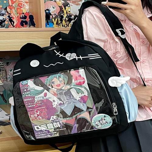 日系透明学院风大容量双肩包百搭通勤高颜值可爱猫咪背包吧唧痛包