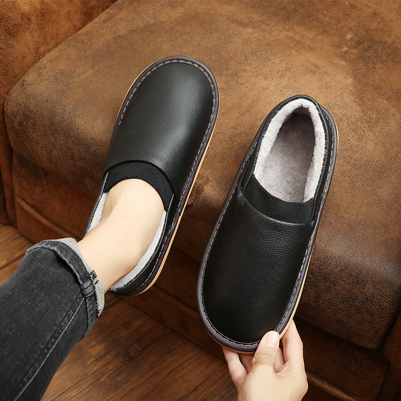 秋冬季居家用真皮棉拖鞋男女室内防滑包跟情侣家居保暖牛皮面棉鞋