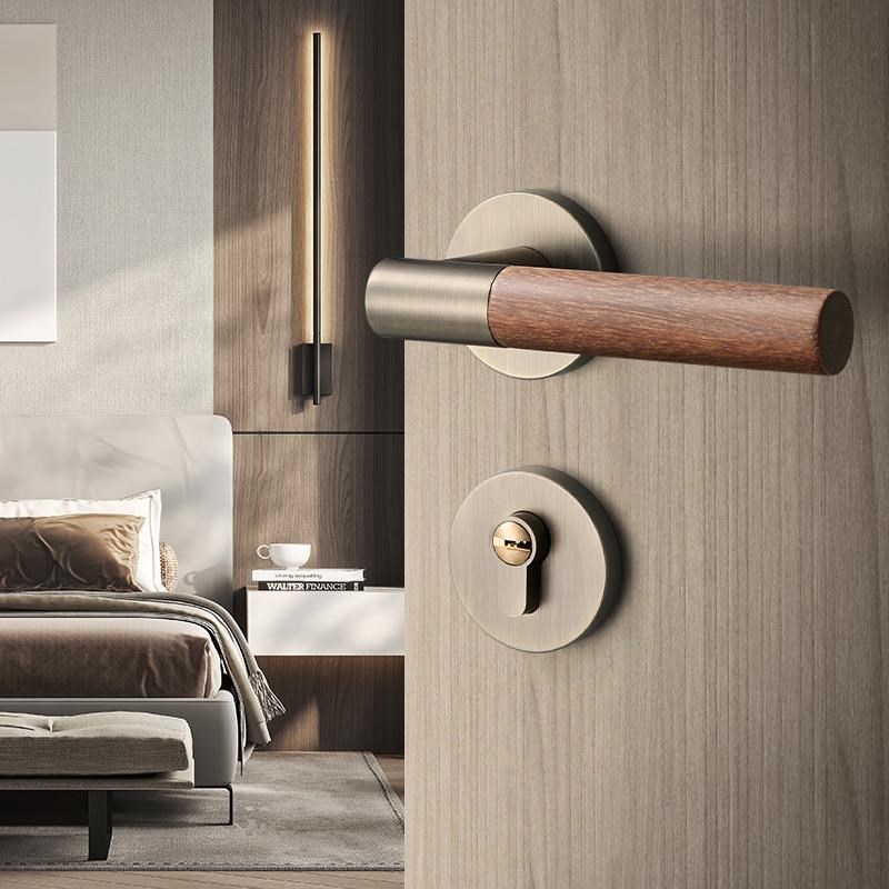 YA8O新c中式卧室门锁复古室内分体实木门把手胡桃木静音磁吸木门