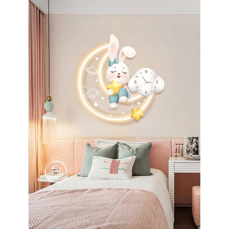 儿童房装饰画可爱兔子公主房x背景墙发光挂画钟表女孩卧室床头挂