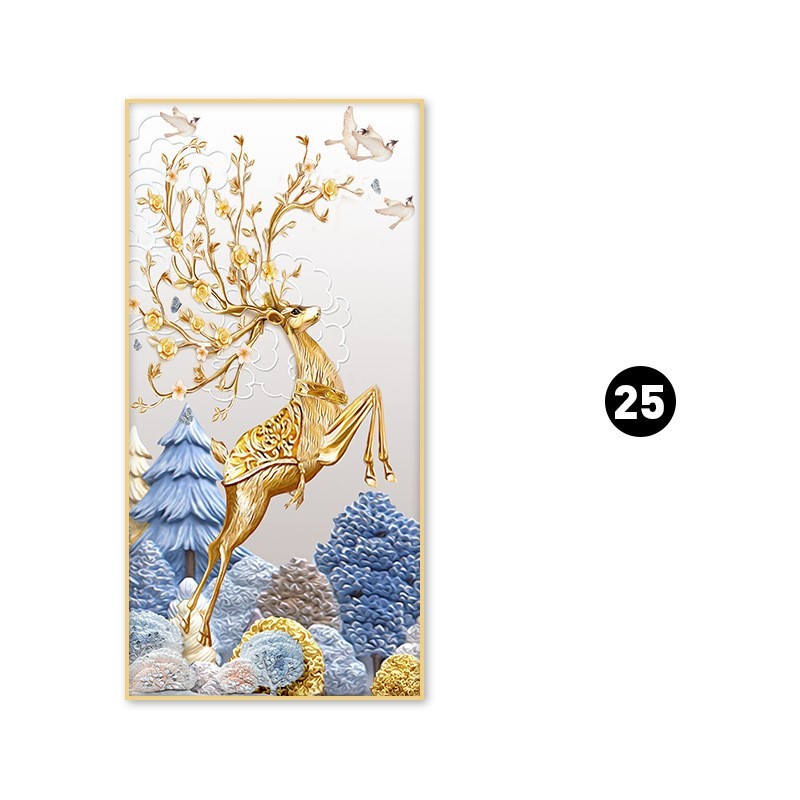 玄关客厅装饰画北欧金色麋鹿晶瓷画E沙发背景墙挂画入户过道墙画图片