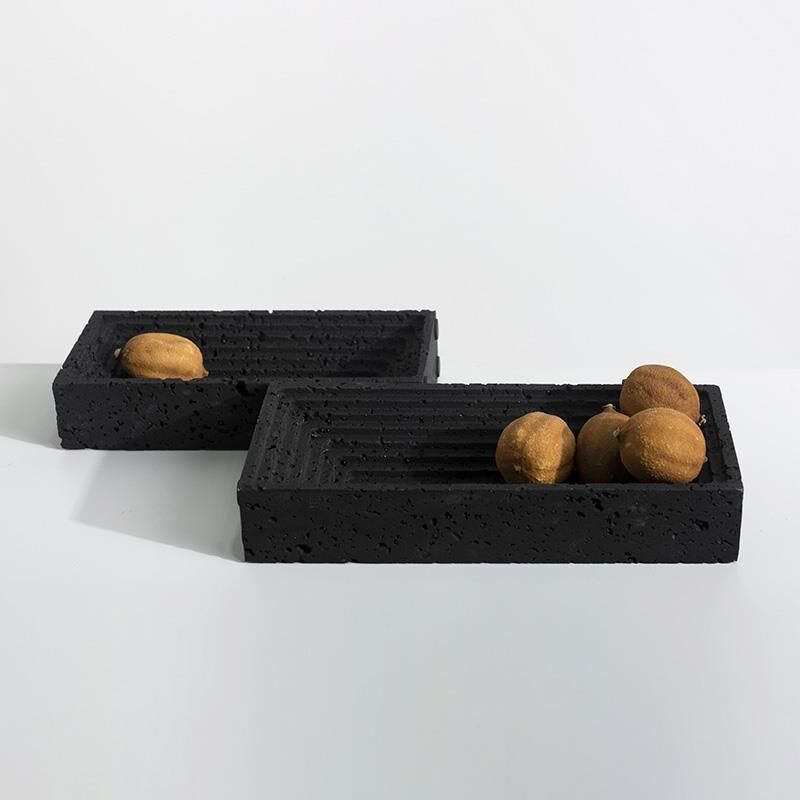 新中式火b山石简约黑色方砖摆件现代轻奢家居客厅软装饰品工艺品
