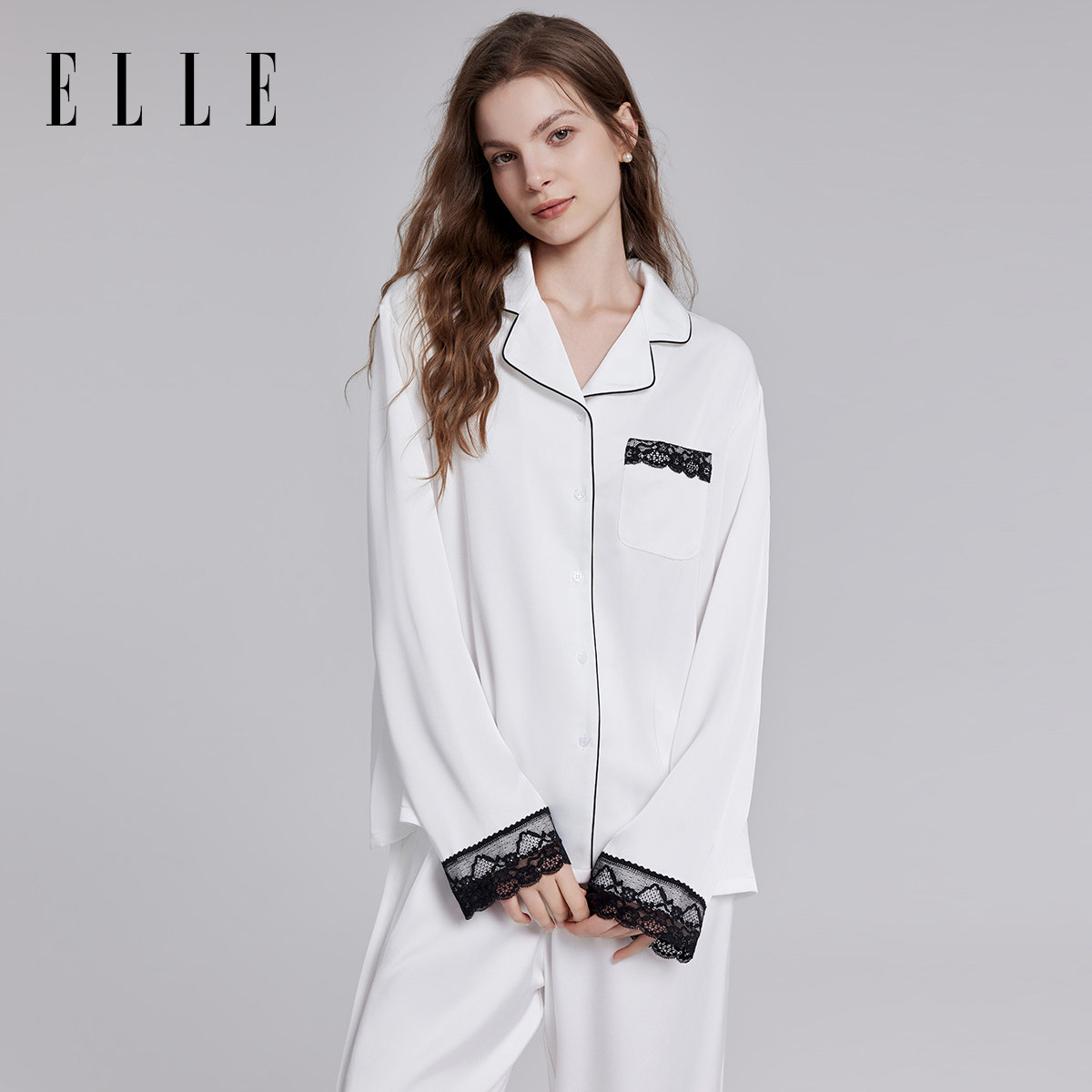 ELLE缎面家居服套装女长袖长裤26新款黑色蕾丝宽松可外穿轻奢睡衣