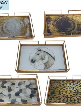 欧式轻奢金属托h盘长方形美式复古家用客厅茶几水杯茶盘玻璃水果