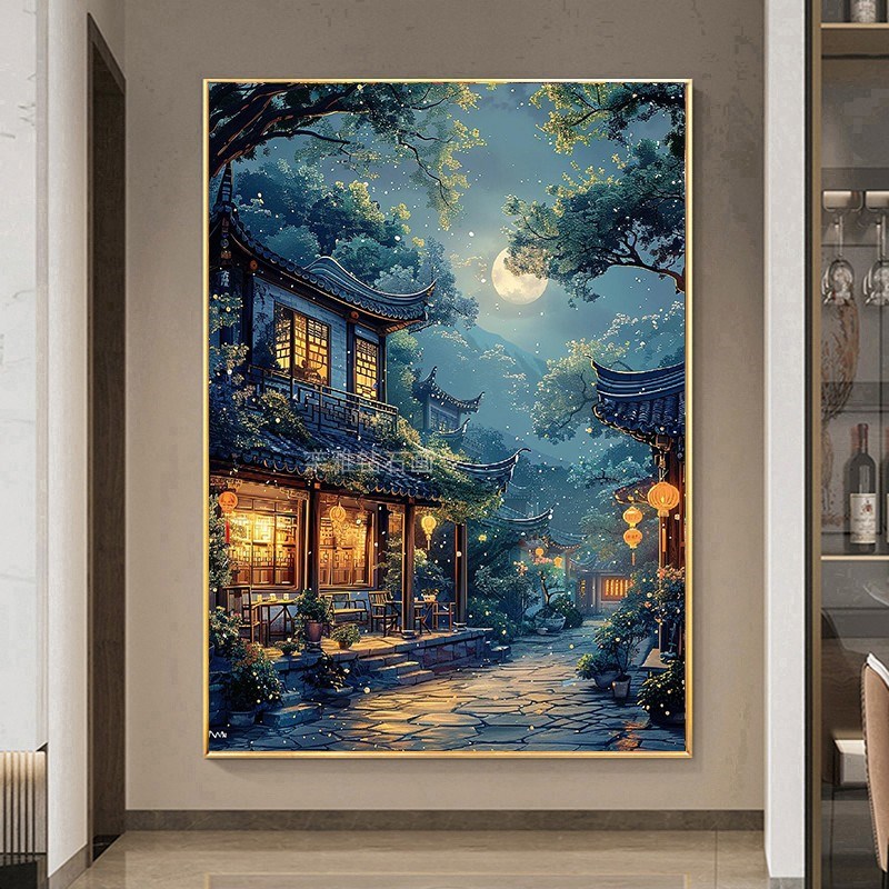 新款古代建筑DIY方钻满钻钻石画钻石绣K手工贴钻梦幻家园月亮夜景