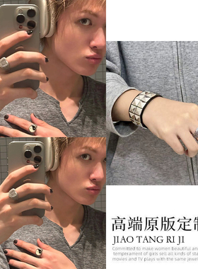 Martin马丁同款皮革手饰朋克街拍方形铆钉手环情侣皮质手链手镯女