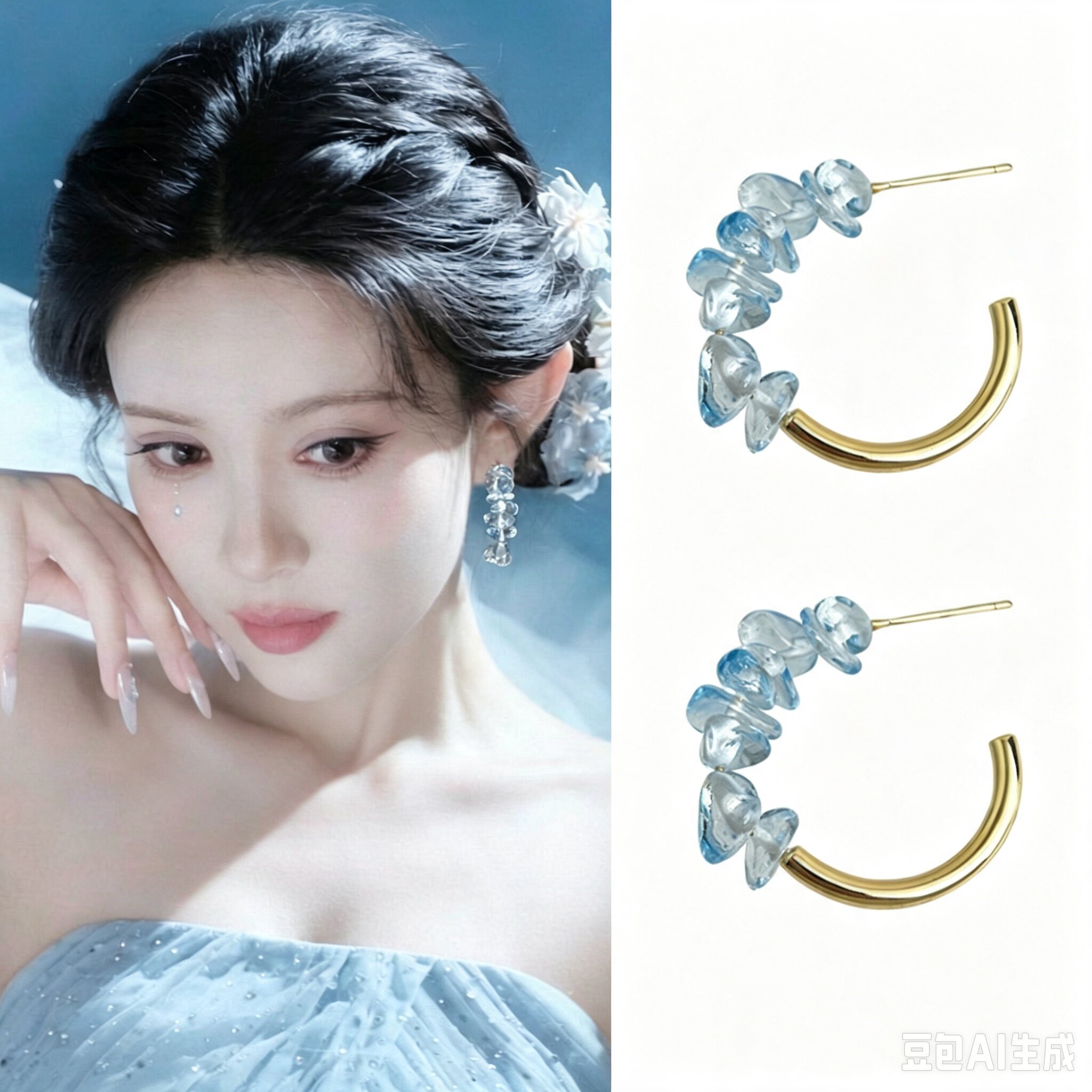 孟子义同款耳环蓝色水晶串珠圆形耳钉甜美显白清冷感度假风耳饰女