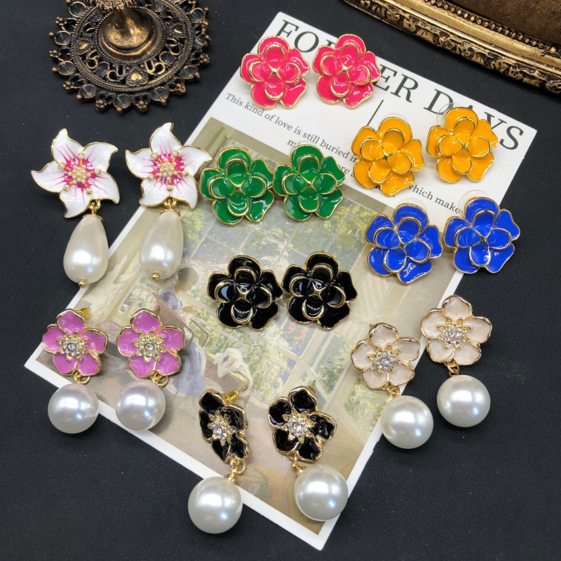 法式中古风耳饰气质珐琅釉彩色耳钉耳夹珍珠吊坠耳环福利特价款