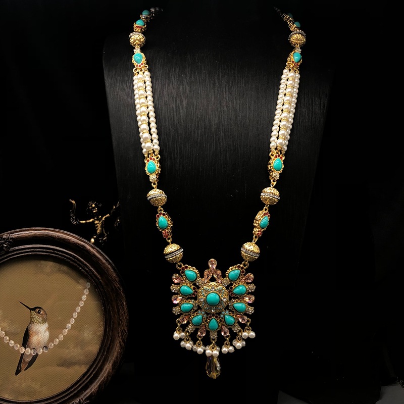 新款中古风松石镶钻珍珠项链耳拍长款扫肩耳饰毛衣链复古套装百搭