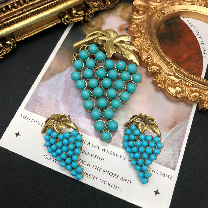 中古vintage饰品复古做旧金葡萄设计绿松石胸针耳钉百搭别针