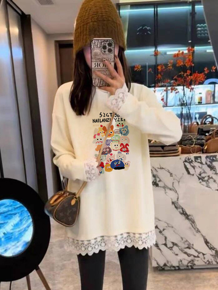 小众中长款下摆蕾丝磨毛纯棉圆领长袖t恤女宽松遮屁股上衣打底衫