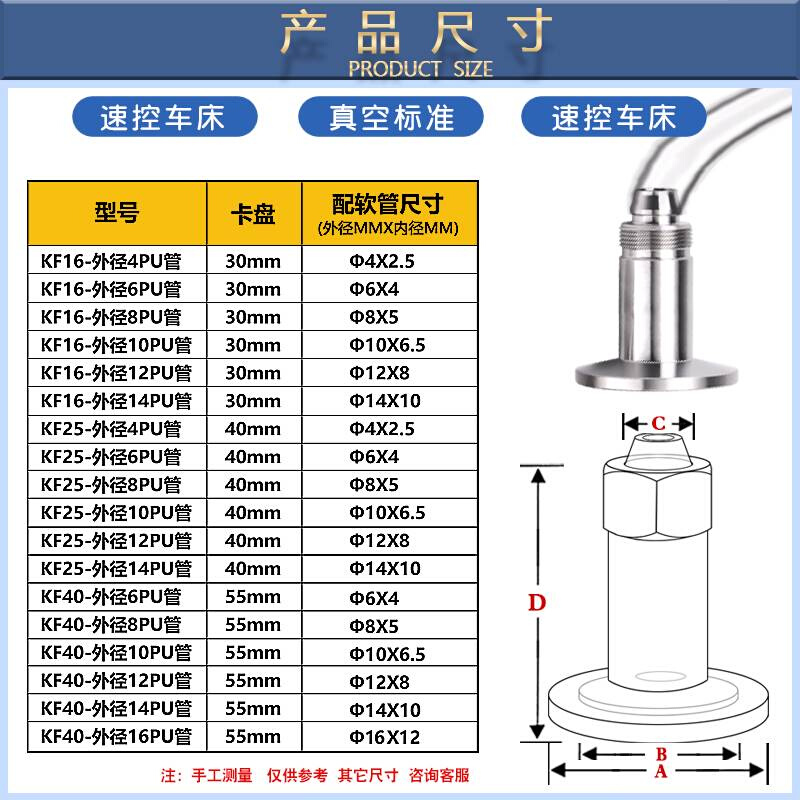 kf16kf2568不锈钢真空皮管软管快插快拧转pu真空泵气管转接头