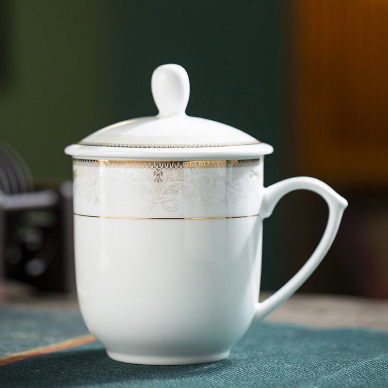 陶瓷茶杯景德镇带盖带q把水杯家用办公杯子宾馆酒店会议室泡茶定