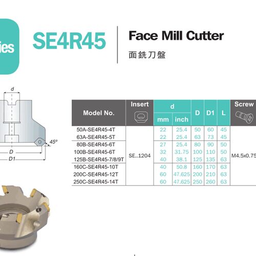 SE4R45 45面铣刀盘  125B-uSE4R45-7T/8T/9T d=38.1适配SEHT120