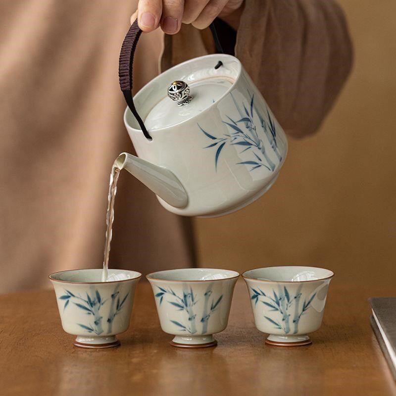 手绘竹子提梁壶单壶家用防烫功夫茶具大容Q量陶瓷茶壶泡茶器