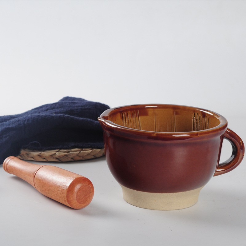 擂钵研磨器带把手蒜臼研磨器榉木研磨棒加厚加粗土陶捣蒜老式粗陶