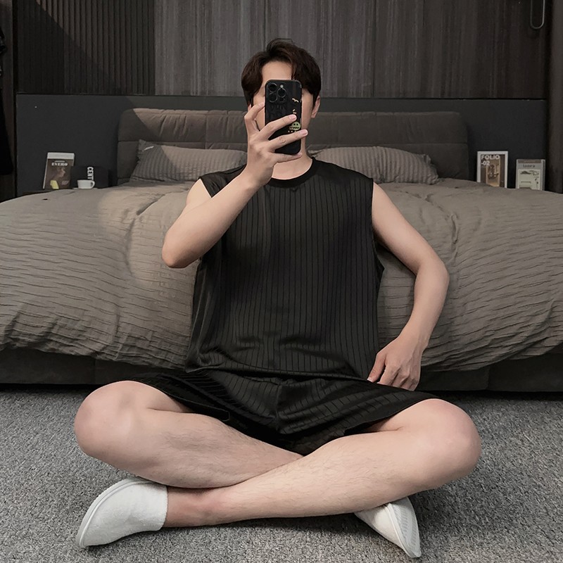 高端条纹无袖背心睡衣男夏季薄款冰丝2025新款大码家居服休闲套装