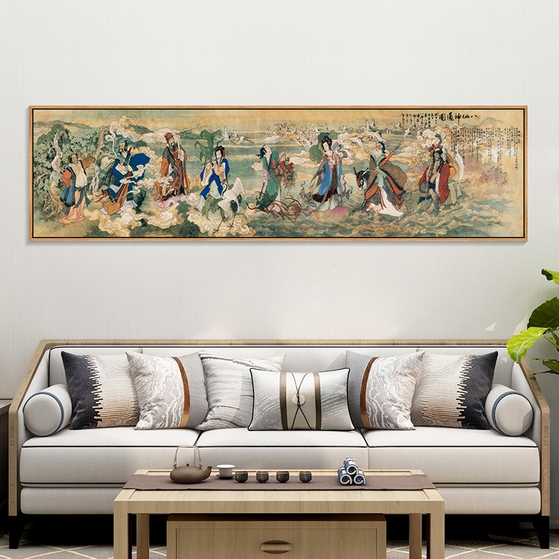 八仙过海挂画新中式客厅背景墙装饰画酒店卧室床头画茶室壁画横版图片