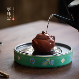 小茶盘简约小号陶瓷圆形干泡盘家用茶具斗彩托盘 雅致皮球花壶承