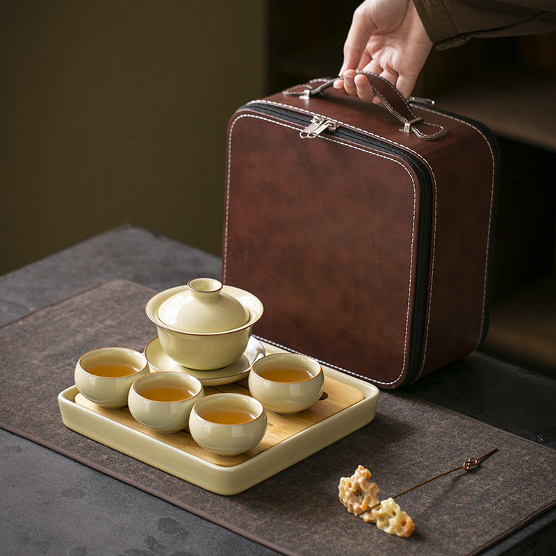 米黄汝窑旅行茶具套装户外露营便携式泡茶喝茶陶瓷快客杯茶壶茶杯