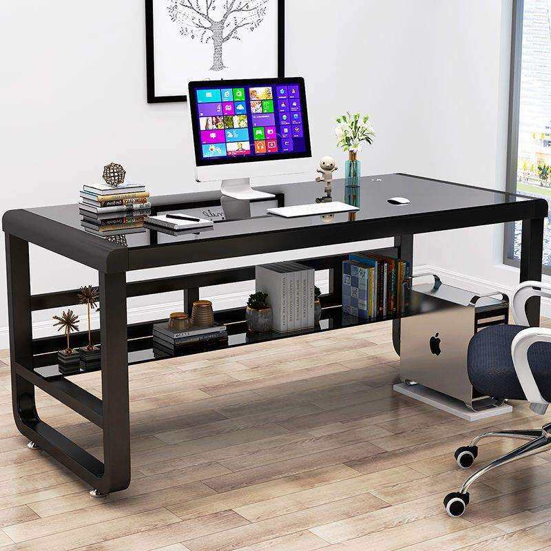 U型电脑台式桌家用钢化玻璃办公写字桌带置物架学习桌