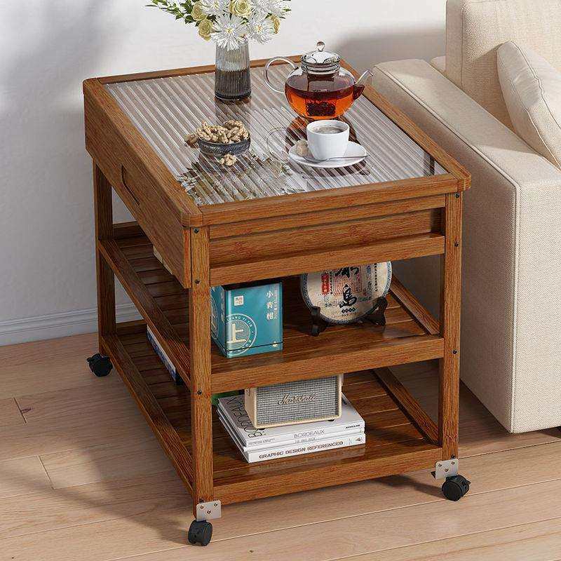 茶水柜带轮沙发边柜可移动茶车楠竹钢化玻璃小茶几多功能边几茶架
