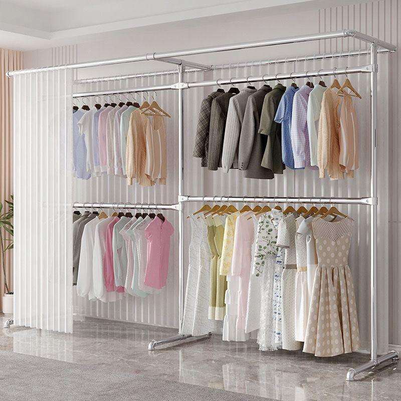 镀锌加厚钢管晾衣架落地立式室内新款卧室阳台简易挂帘双层挂衣架