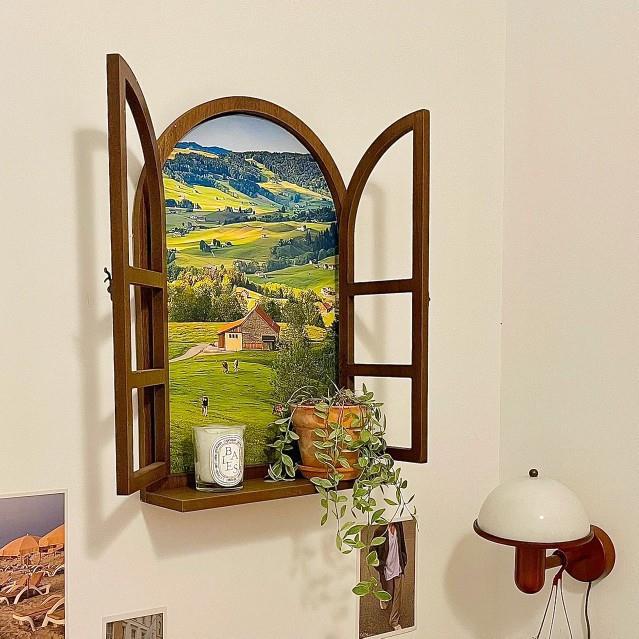 墙面假窗户布景道具黑板挂壁置物架窗框店面留言板庭园装饰品树脂