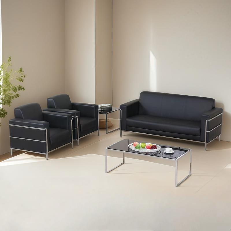 办公沙发贵宾接待简约黑色沙发茶几组合经典真皮不锈钢沙发三人位