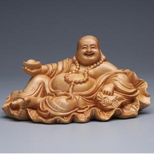 崖柏实木雕刻荷叶元宝笑木雕弥勒像工艺品文玩居家汽车摆件