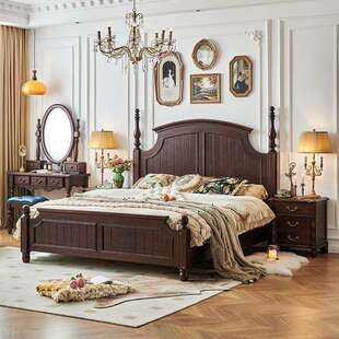 美式床实木床胡桃色全实木床卧室复古一米八罗马柱双人床储物床