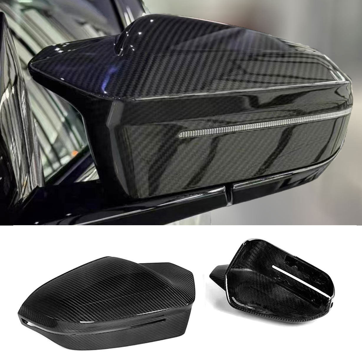 适用宝马bmwtuning新5系G60G68G70改亮黑牛角干碳后视罩镜壳
