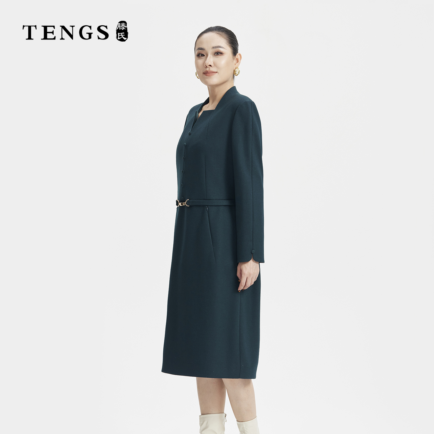 TENGS秋季新款纯色羊毛连衣裙