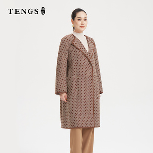 TENGS滕氏女装秋冬新款绵羊毛编织格中长款大衣落肩袖型舒适百搭
