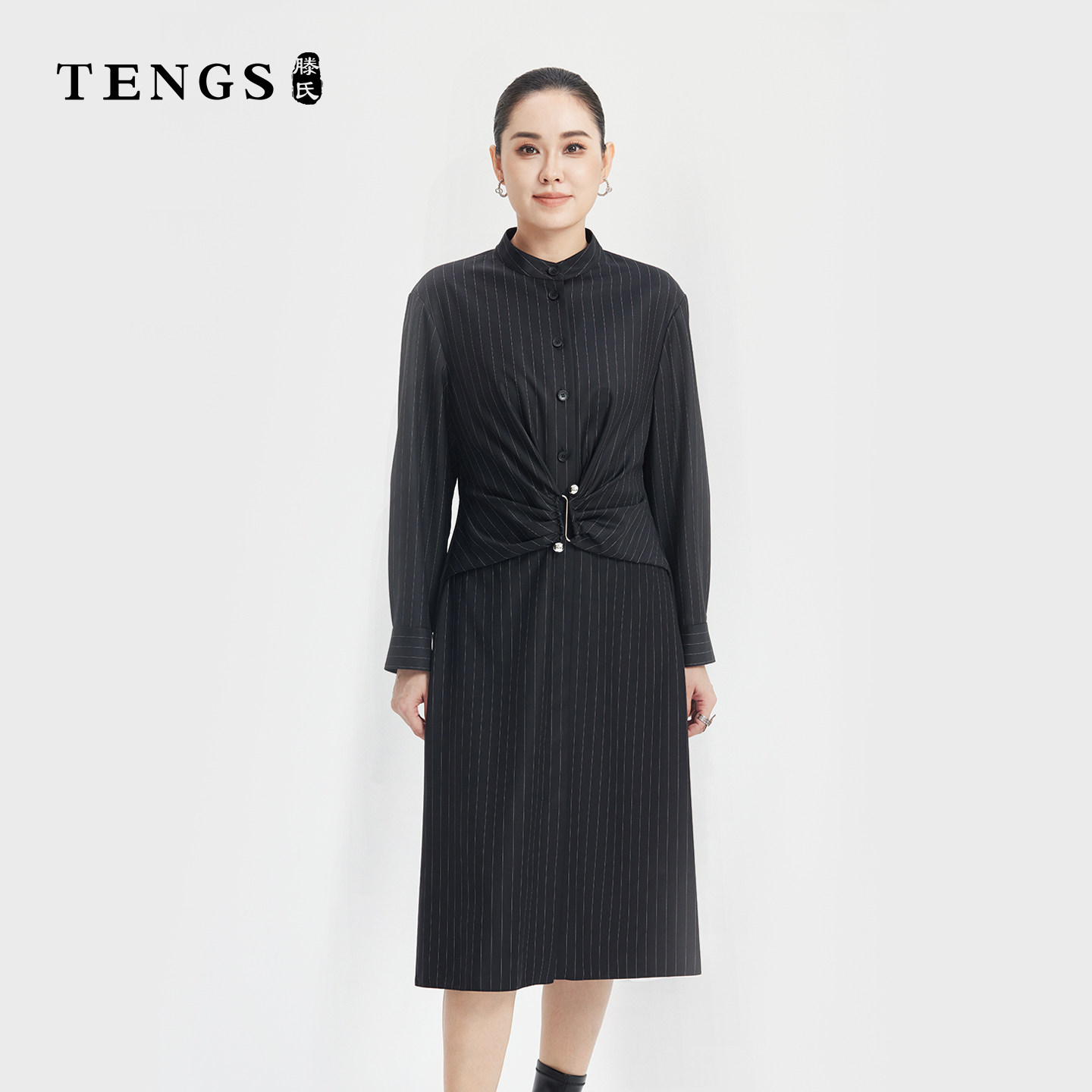 TENGS滕氏女装春季新款优雅气质条纹羊毛混纺收腰连衣裙通勤百搭