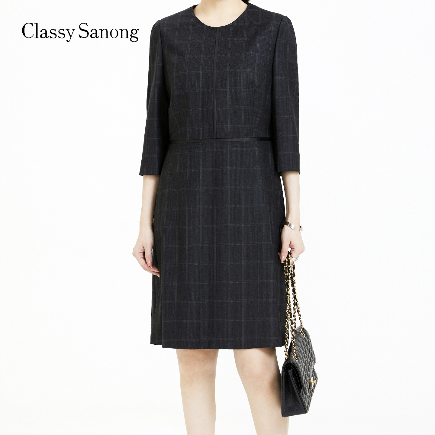 萨侬纯色舒适连衣裙优雅气质