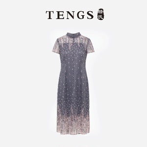 TENGS滕氏萨侬女装新款优雅碎樱蕾丝镂空肩袖立领连衣裙仙气宴会