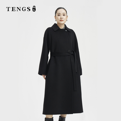 TENGS滕氏女装秋冬保暖新款黑色简约大方双面长款大衣