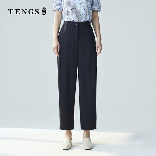 TENGS黑色通勤百搭锥形休闲裤
