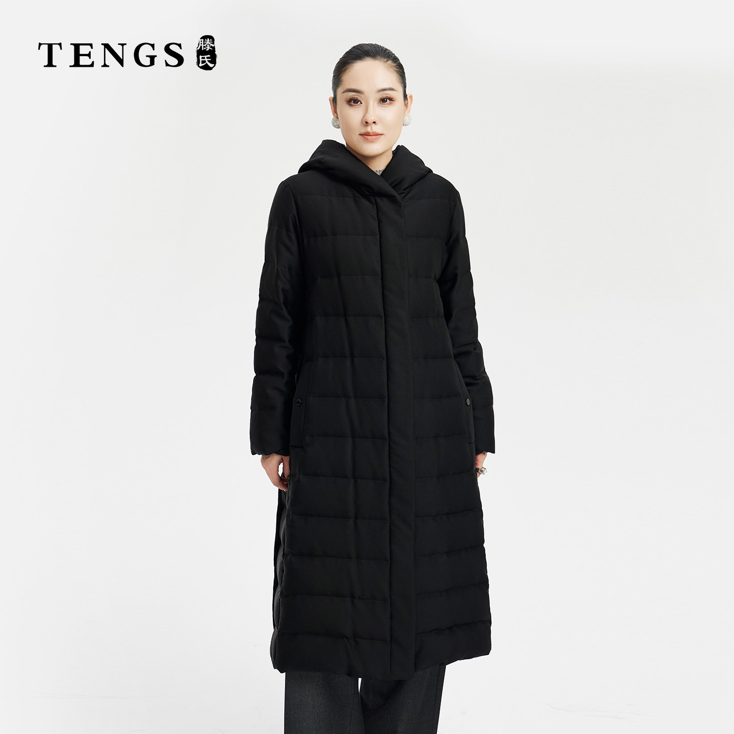 TENGS滕氏女装春季新款时尚黑色百搭白鸭绒长款羽绒服保暖外套