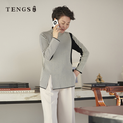 TENGS棋盘格针织长袖衫百搭通勤