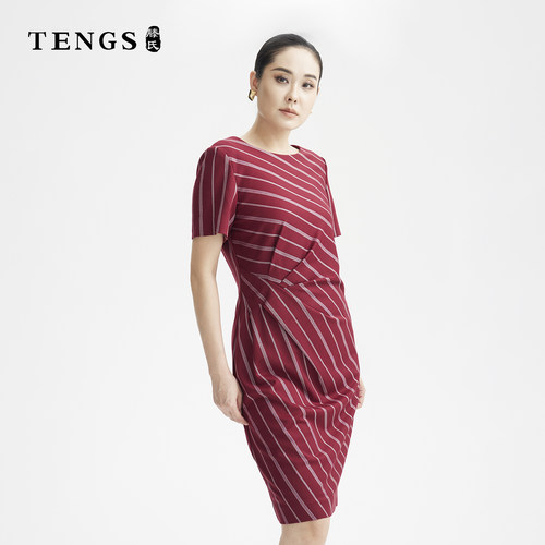 TENGS经典款收腰斜纹酒红连衣裙