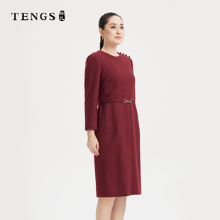 TENGS滕氏秋冬女装 廓形纯羊毛优雅收腰连衣裙 波尔多红优雅修身